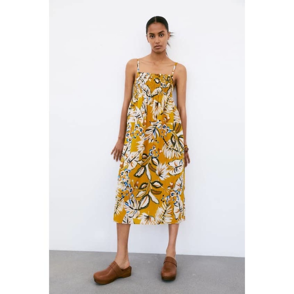 Zara Mustard Floral Print Midi Dress
